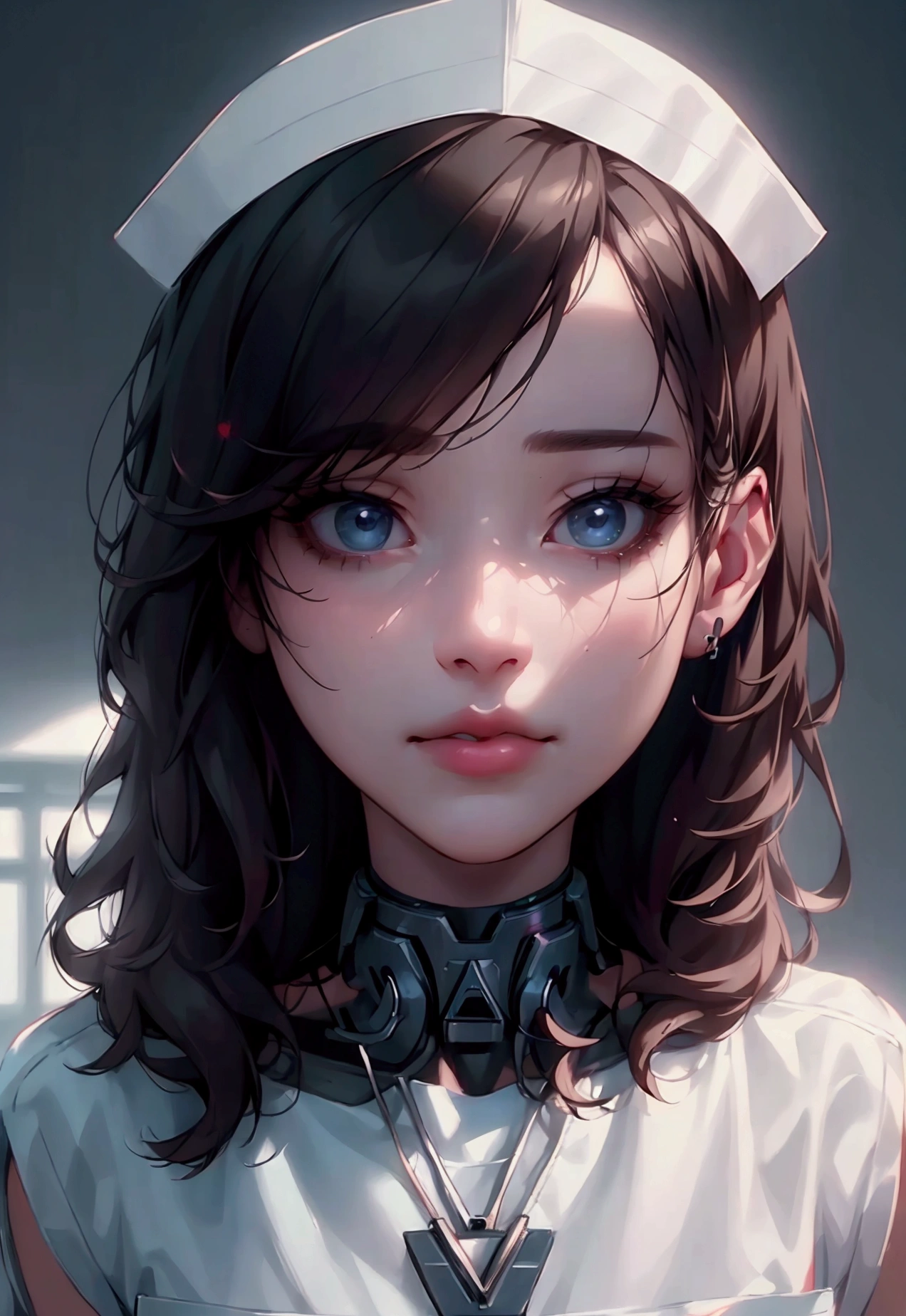 A beautiful young nurse, 1girl, extremely detailed face, detailed eyes, nose, lips, delicate features, wearing a white medical uniform, standing in a modern hospital, warm lighting, cinematic camera angle, intricate details, photorealistic, 8k, best quality, (masterpiece:1.2), (realistic:1.37), (cinematic lighting:1.2), medical equipment, clean environment, professional, serene expression