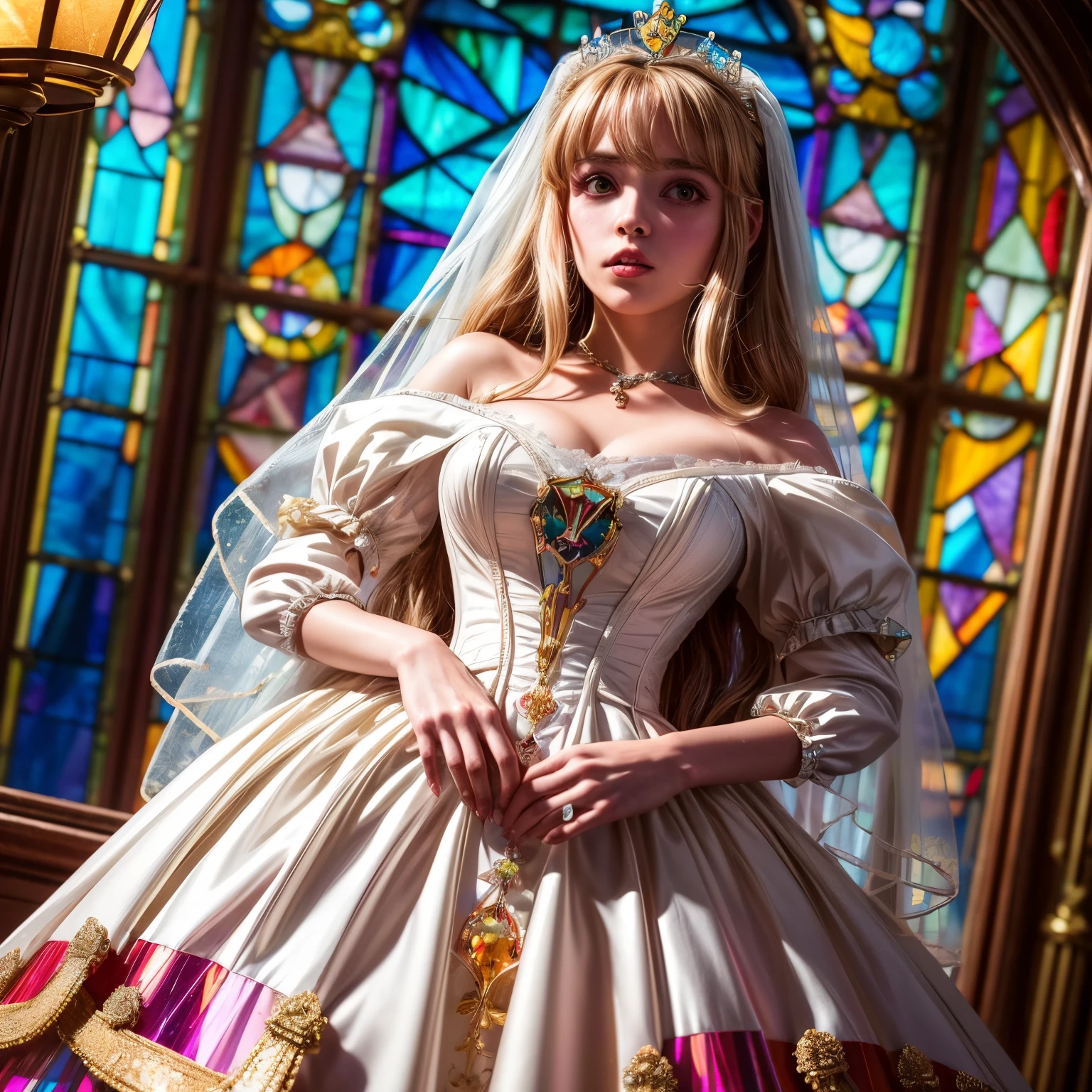 ZoomLayer TopQuality 8K masterpiece of ((Professional photo)), ((Lady Clarisse de Cagliostro)) White WeddingDresses, ChainTiara, Extremely detailed KAWAII face, The background is distant (Elaborate colorful stained glass), Enchanting atmosphere, Rainbow Glass