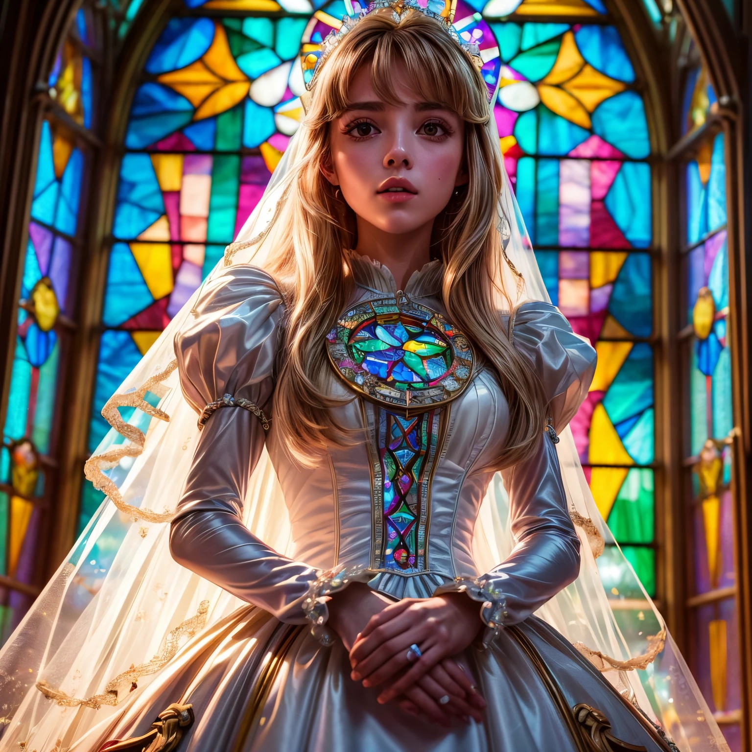 ZoomLayer TopQuality 8K masterpiece of ((Professional photo)), (((Lady Clarisse de Cagliostro))) (Detailed White WeddingDresses), ChainTiara, Extremely detailed KAWAII face, The background is distant ((Elaborate stained glass)) Rainbow Glass, MysticSight Enchanting atmosphere GodRays TyndallEffect, RubyRed, Radiant PearlSkin with Transparency, (Exposed:0.32)