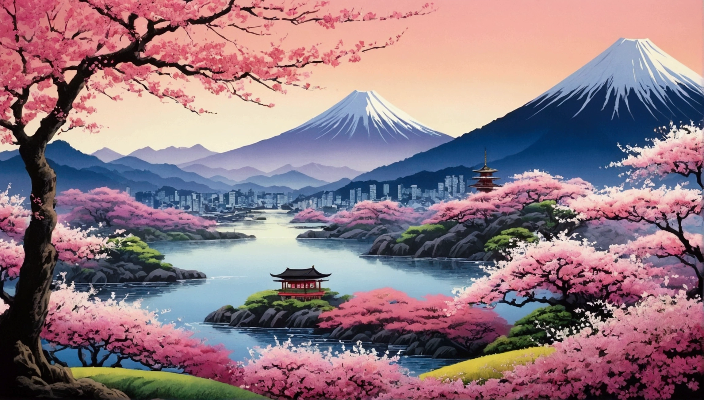 The Tradition of Paysage Japonais: Use images that depict traditional Japanese scenery, Comme en jardin zen, De Montagne、Des Cerise en Fleurs. Sera Polei evokes Musashi&#39;s deep connection with nature and spirituality.