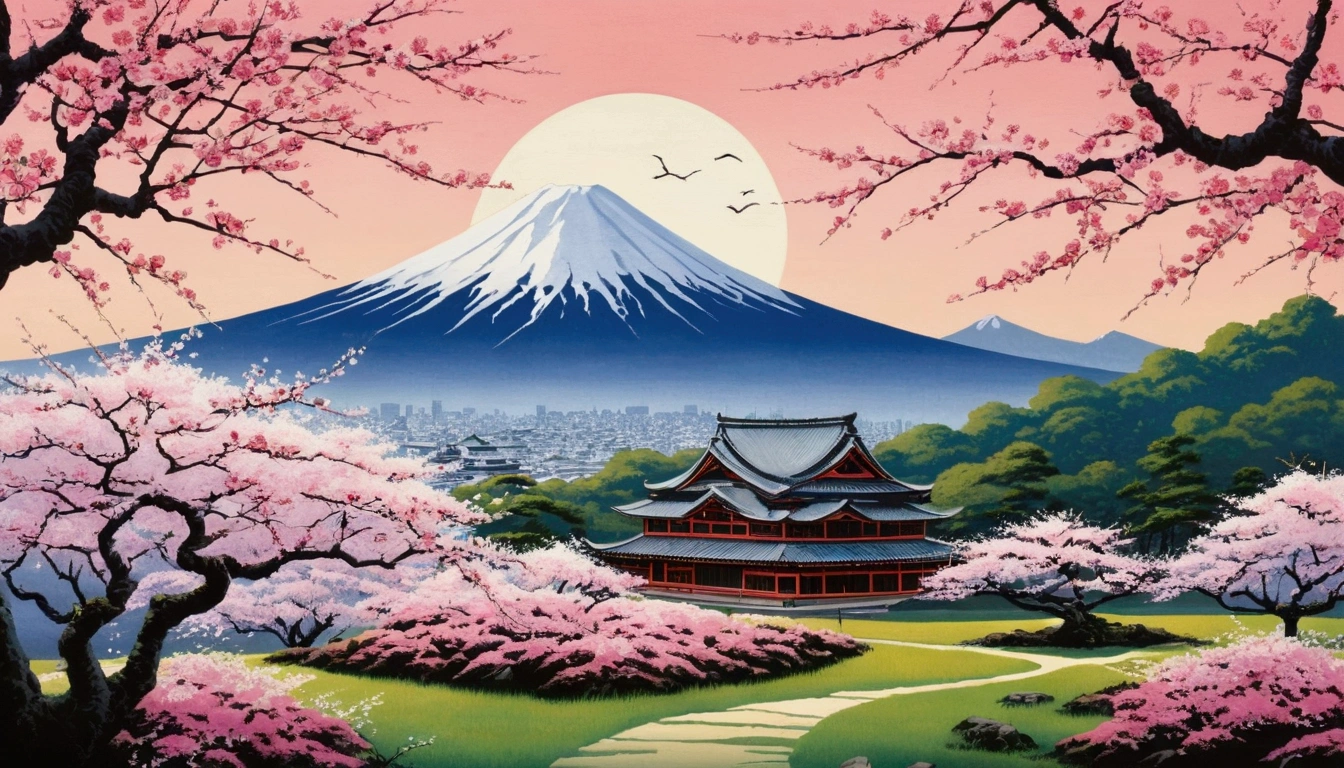 The Tradition of Paysage Japonais: Use images that depict traditional Japanese scenery, Comme en jardin zen, De Montagne、Des Cerise en Fleurs. Sera Polei evokes Musashi's deep connection with nature and spirituality.