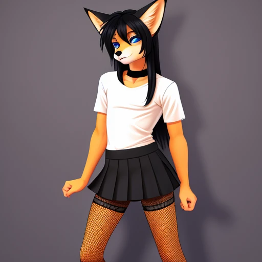 anthro femboy fox, furry, long black hair, gay femboy, blue eyes, black shirt, black short skirt, fishnet leggings, lean body, twink, pretty, orange fur and body, neutral expression