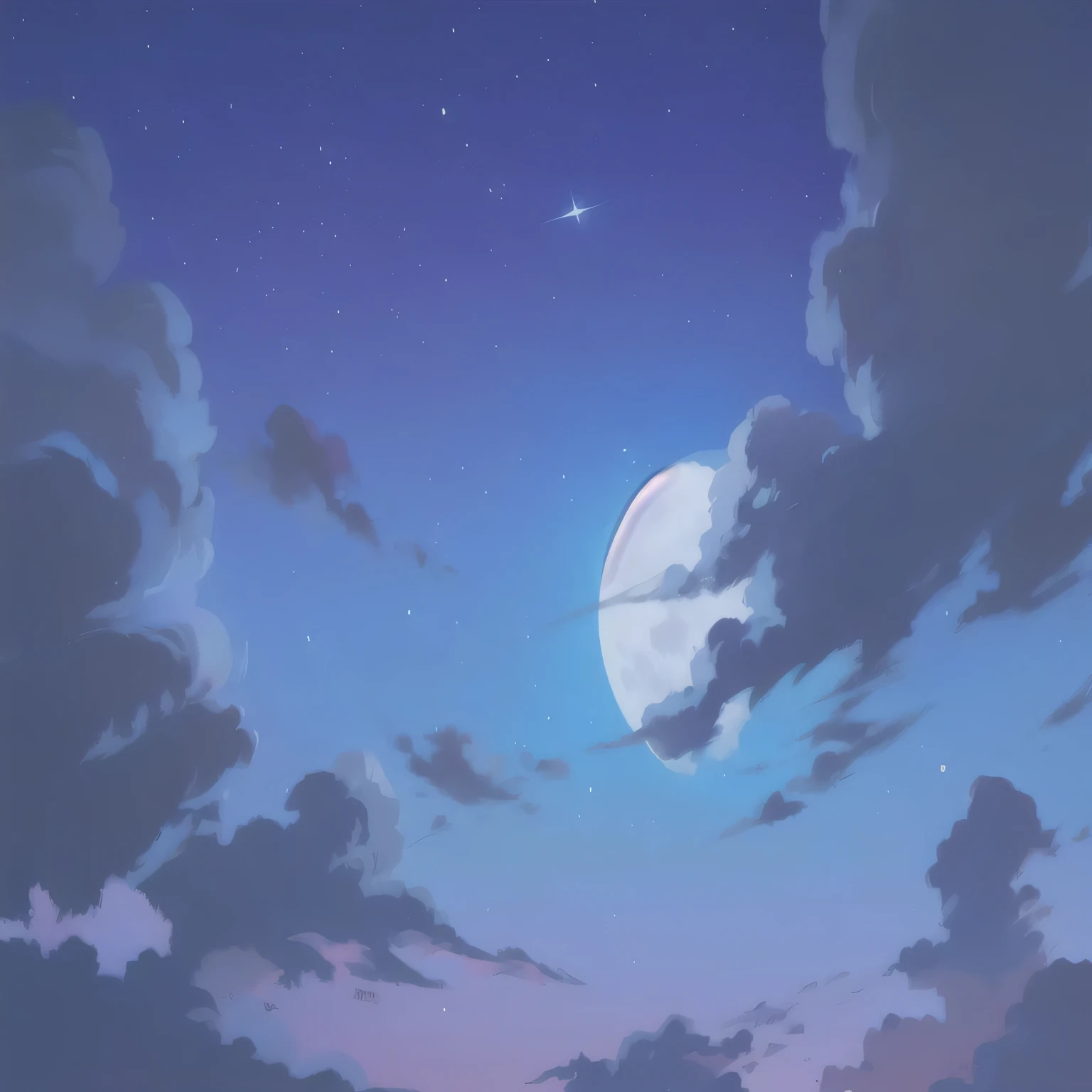 There is a photo of a full moon in the sky, Night background, Anime sky, A quiet night. Digital Illustration, Anime Background, Moonlight Clouds Background, Moonlight Background, moonlit starry sky environment, Moonlit sky, Background artwork, the cloudy Moonlit sky, Moonlight fills the night sky, Cloudy Night, on a clear night sky, Moonlit night dreamy atmosphere，A shooting star passed by