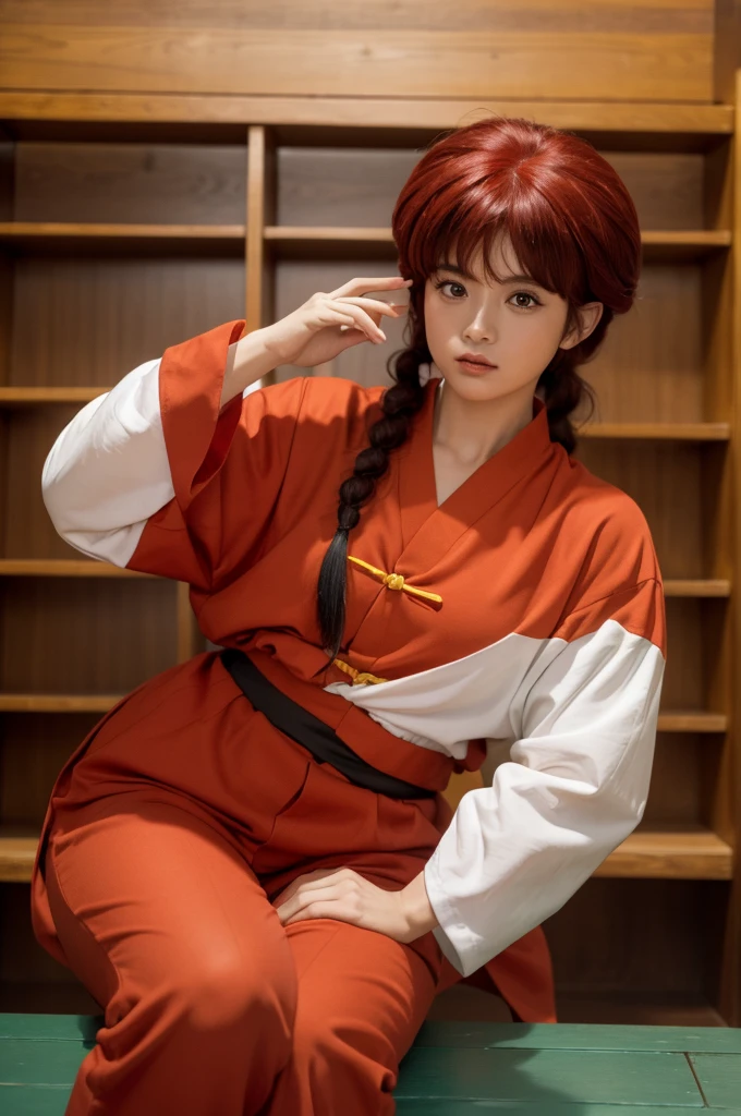 Highest quality,masterpiece,Ultra-high resolution,(Photo Actual:1.4),Budokan,,Comics by Rumiko Takahashi（Ranma 1/2）,Character Ranma（woman）Red long hair braid,Cute Face,Wearing a red kung fu suit,