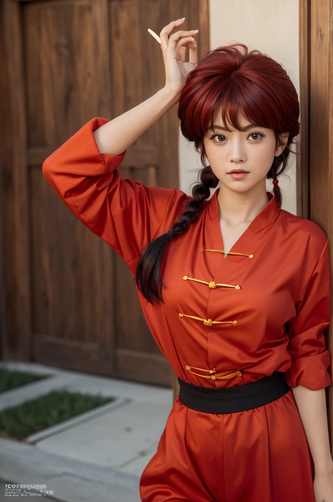 Highest quality,masterpiece,Ultra-high resolution,(Photo Actual:1.4),Budokan,,Comics by Rumiko Takahashi（Ranma 1/2）,Character Ranma（woman）Red long hair braid,Cute Face,Wearing a red kung fu suit,