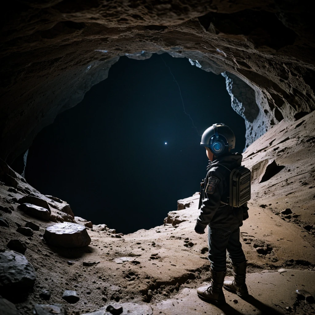 A little explorer standing on a meteorite in the universe，Mysterious cave entrance discovered，Simple black background，Meteor Crater，photography，Old sci-fi blurry cover grainy old photo scratches，Best Cyberpunk Work Award