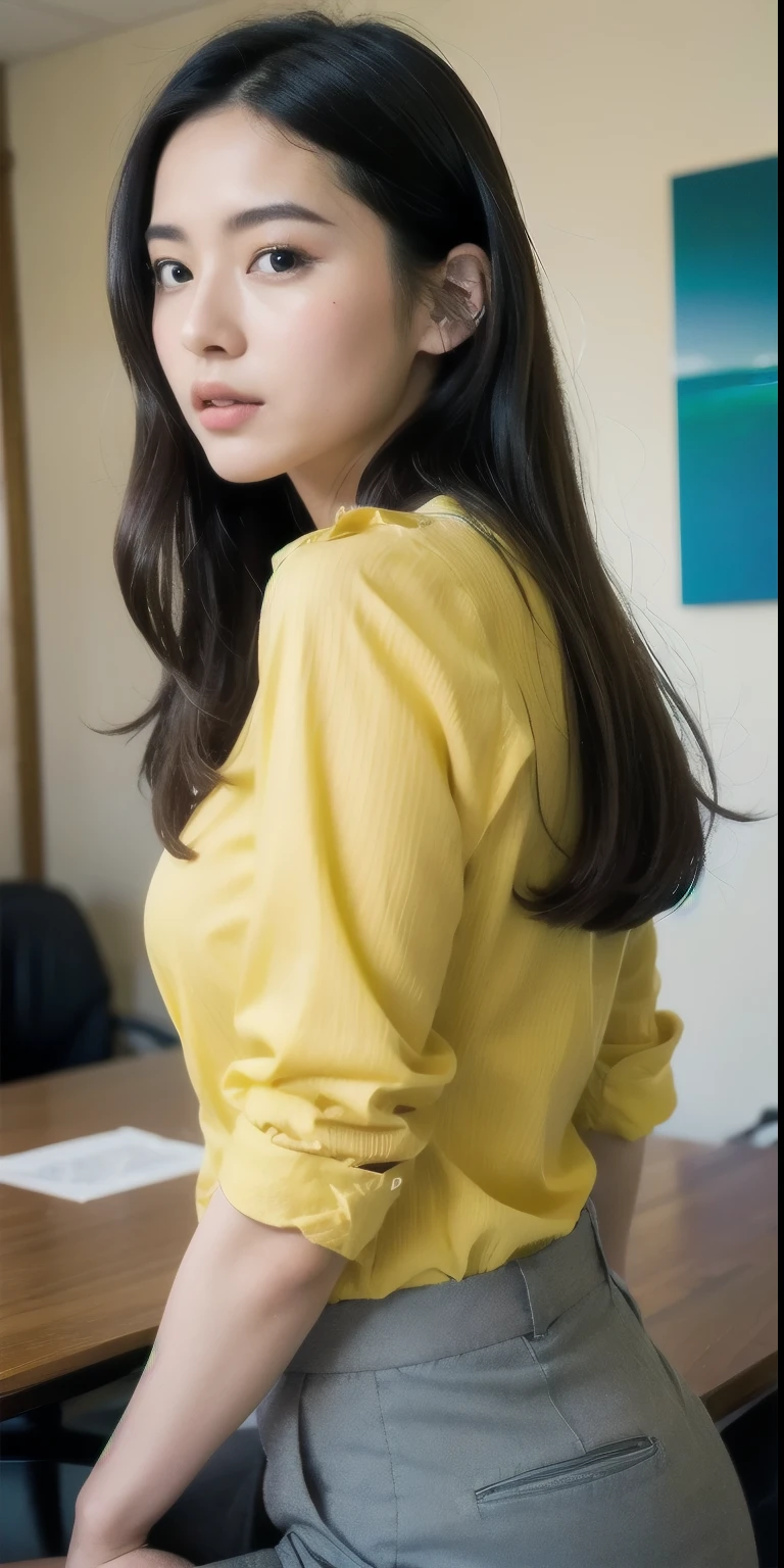 office文化，（office）、Copier、Photo Library，The most beautiful girl here，long hair､Black Hair､The picture is very realistic，（Very detailed），Add details，(Extremely realistic skin texture），Improved skin texture，The painting is very three-dimensional，Hair Enhancements。 (((Yellow buttoned shirt))),（sleeveless shirt）､I see a black bra、I can see the side、 ((pants)),looking away