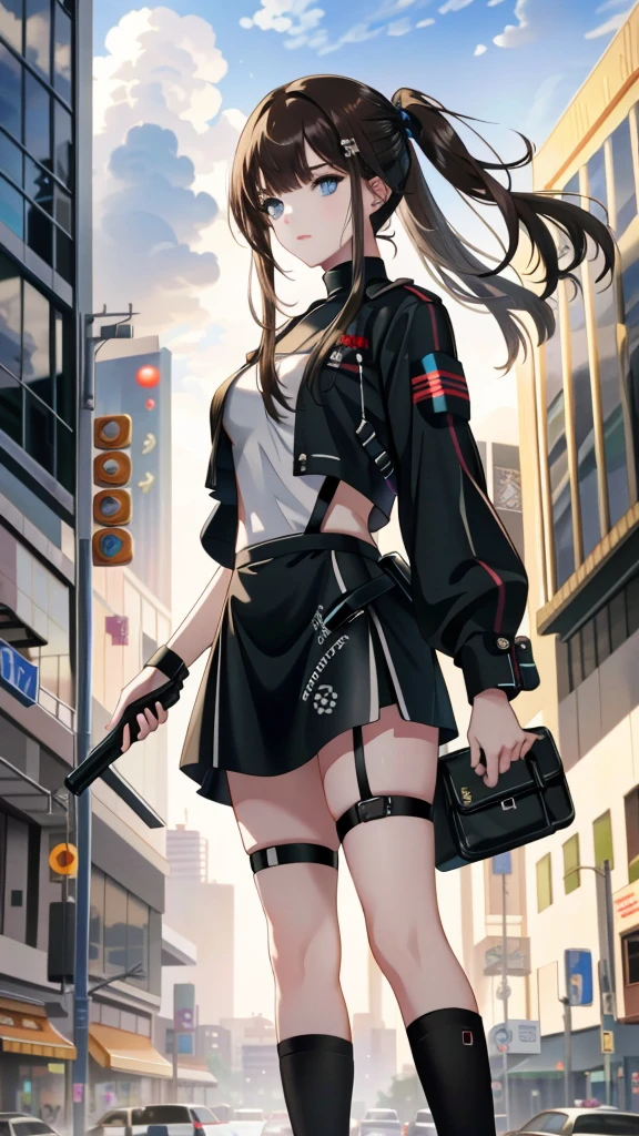 hyper realistic, masterpiece, very detailed, sci-fi, dystopian, (beautiful eyes ), (bangs), brunette, Woman,  detailed face, detailed skin, baggy clothes, thigh high socks, skirt,  cyberpunk, soft light, subsurface scattering,((skyline)), cumulonimbus clouds, busy street, polluted, dust,