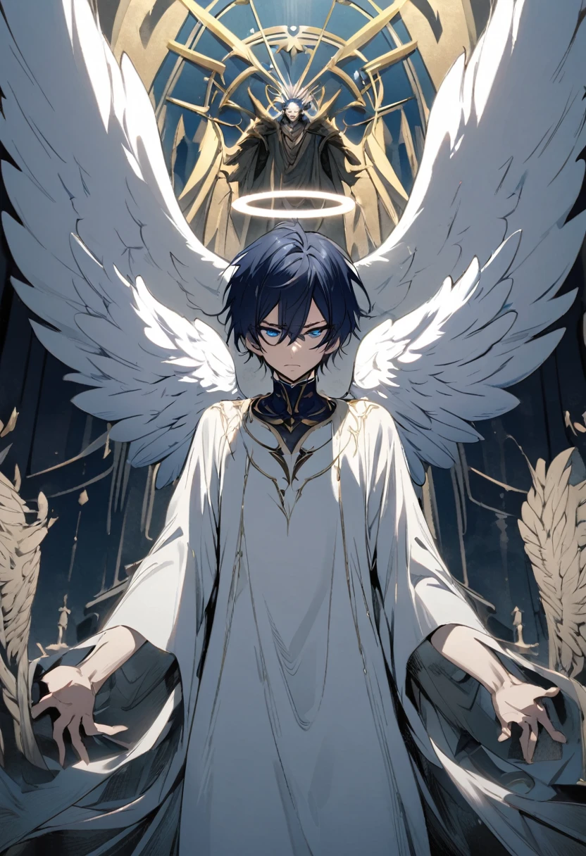 man, male, dark blue hair, short hair, blue eyes, angel, angel wings, halo, sin, thin, lanky, evil