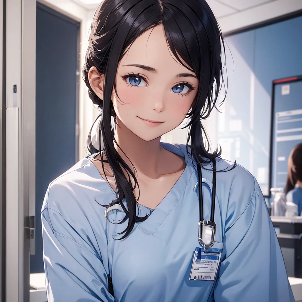 nursing aide,one girl,solo,blue or white scrubs,not wearing a hat or cap, frame it up to the top of the head, The top of my head doesn't come out of the frame,Facing forward,smile