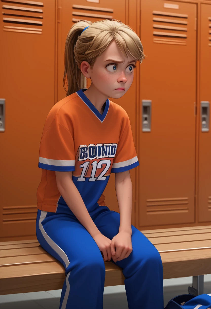 score_9, score_8_up, score_7_up, score_6_up, score_5_up, score_4_up, ri_ley2, 1 girl, ponytail, blond hair, sitting on a bench, locker room, skinny, hockey uniform, confused, portrait