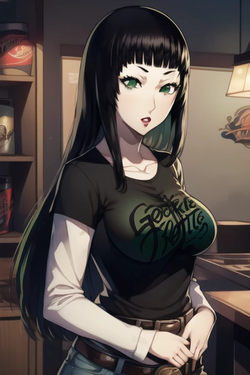 hifumitougou, hifumi tougou, (green eyes:1.5), black hair, long hair, bangs, blunt bangs, 1girl, solo, standing, black t-shirt, white shirt, blue jeans, belt, lipstick, large breasts