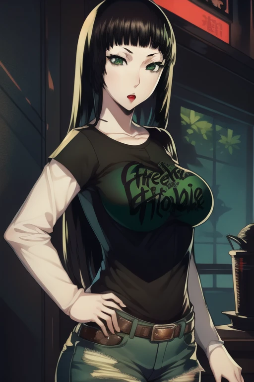 hifumitougou, hifumi tougou, (green eyes:1.5), black hair, long hair, bangs, blunt bangs, 1girl, solo, standing, black t-shirt, white shirt, blue jeans, belt, lipstick, large breasts