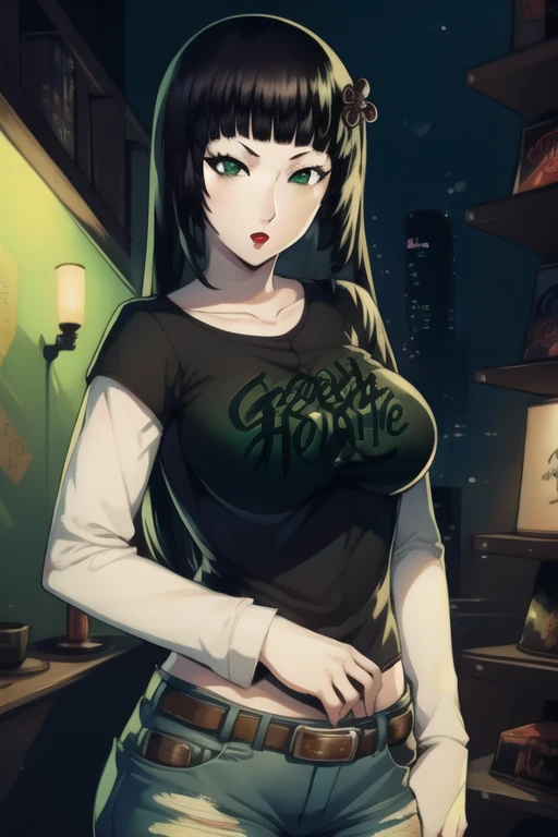 hifumitougou, hifumi tougou, (green eyes:1.5), black hair, long hair, bangs, blunt bangs, 1girl, solo, standing, black t-shirt, white shirt, blue jeans, belt, lipstick, large breasts