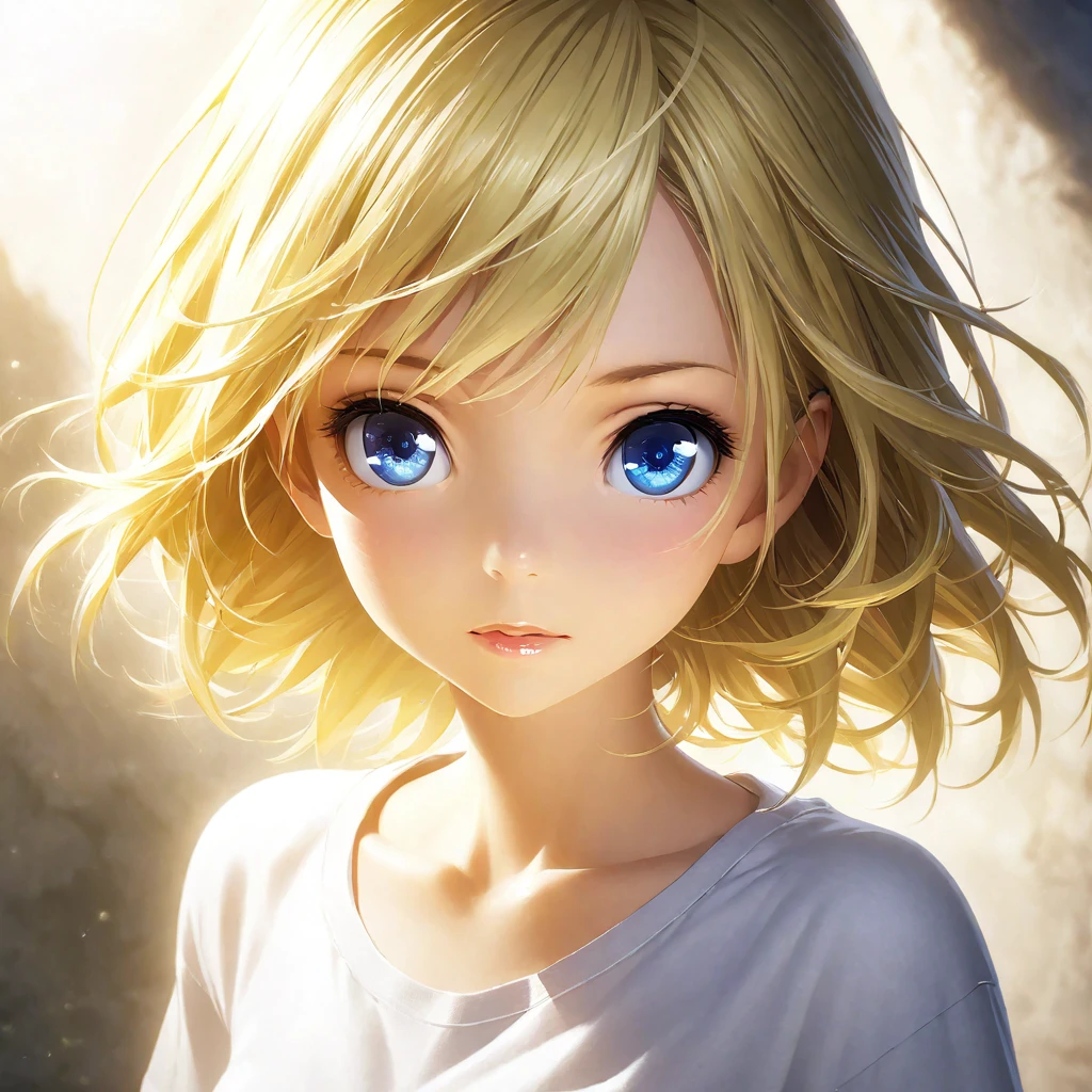 portrait, Practical, blue eyes, Blonde hair, Mid-chest, 4K resolution, High quality CG, Beautiful CG, Soft Light, Octane Rendering, white t-shirt, close shot, front view