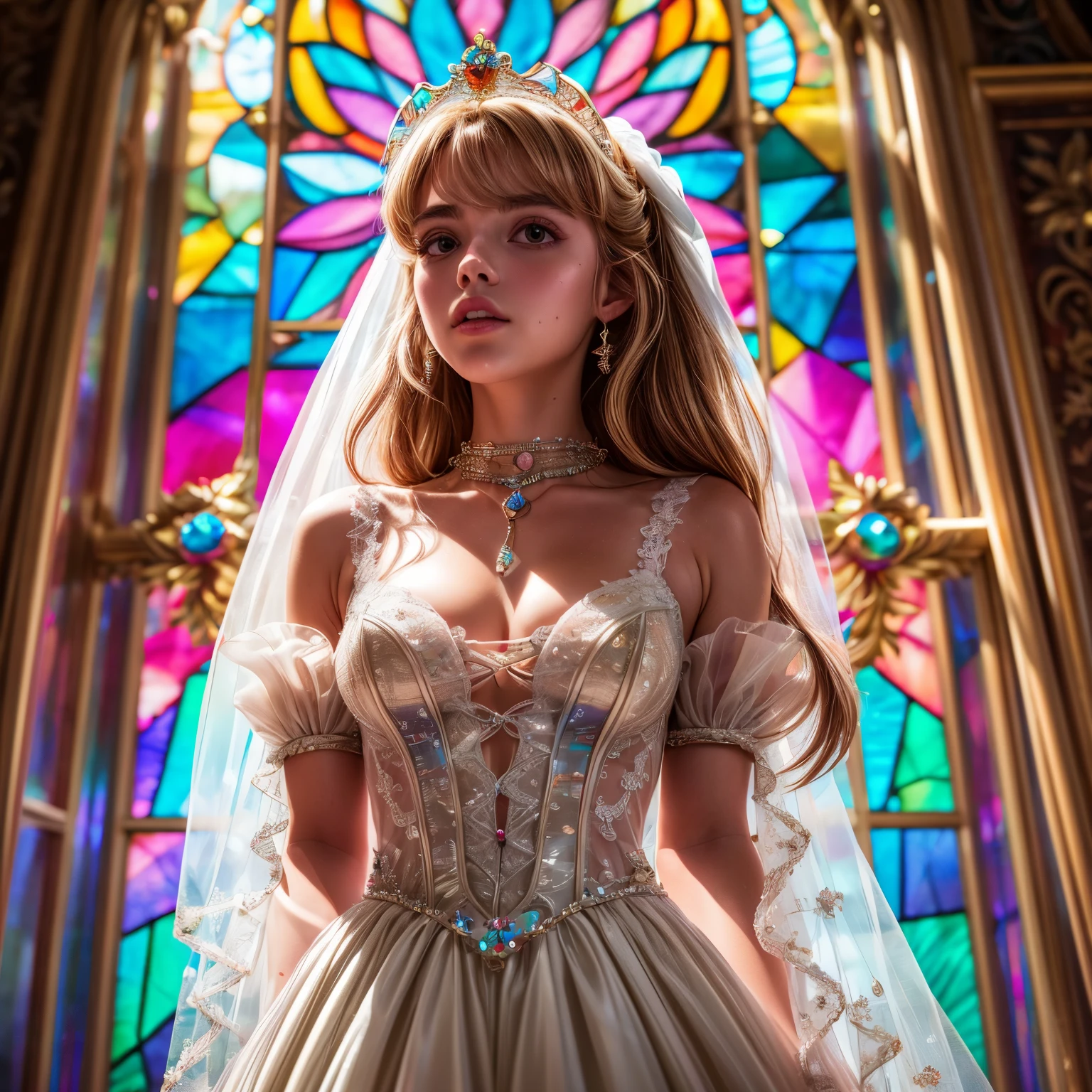 ZoomLayer TopQuality 8K masterpiece of ((Professional photo)), (((Lady Clarisse de Cagliostro))) (Detailed White WeddingDresses), ChainTiara, Extremely detailed KAWAII face, The background is distant (Elaborate colorful stained glass), Enchanting atmosphere, Rainbow Glass, RubyRed, Radiant PearlSkin with Transparency, (Exposed:0.25)