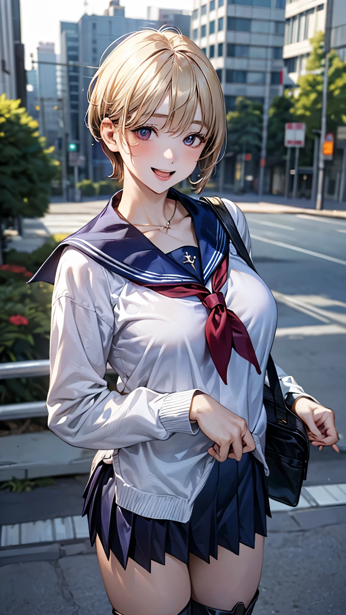 (masterpiece:1.2, top-quality), (realistic, photorealistic:1.4), beautiful illustration, (natural side lighting, movie lighting), nsfw,
looking at viewer, cowboy shot, front view:0.6, 1 girl, japanese, high school girl, perfect face, cute and symmetrical face, shiny skin,
(short hair:1.5, pixie cut:1.4, blond hair), bangs pinned back, red eyes, long eye lasher, (large breasts:0.6, seductive thighs),
beautiful hair, beautiful face, beautiful detailed eyes, beautiful clavicle, beautiful body, beautiful chest, beautiful thigh, beautiful legs, beautiful fingers,
(((long sleeves), all navy sailor suit, navy pleated skirt, navy sailor collar, red sailor scarf, thigh-highs, short boots), school bag, cross necklace),
(beautiful scenery), summer, evening, (cityscape), walking, (lovely smile, upper eyes, open mouth),