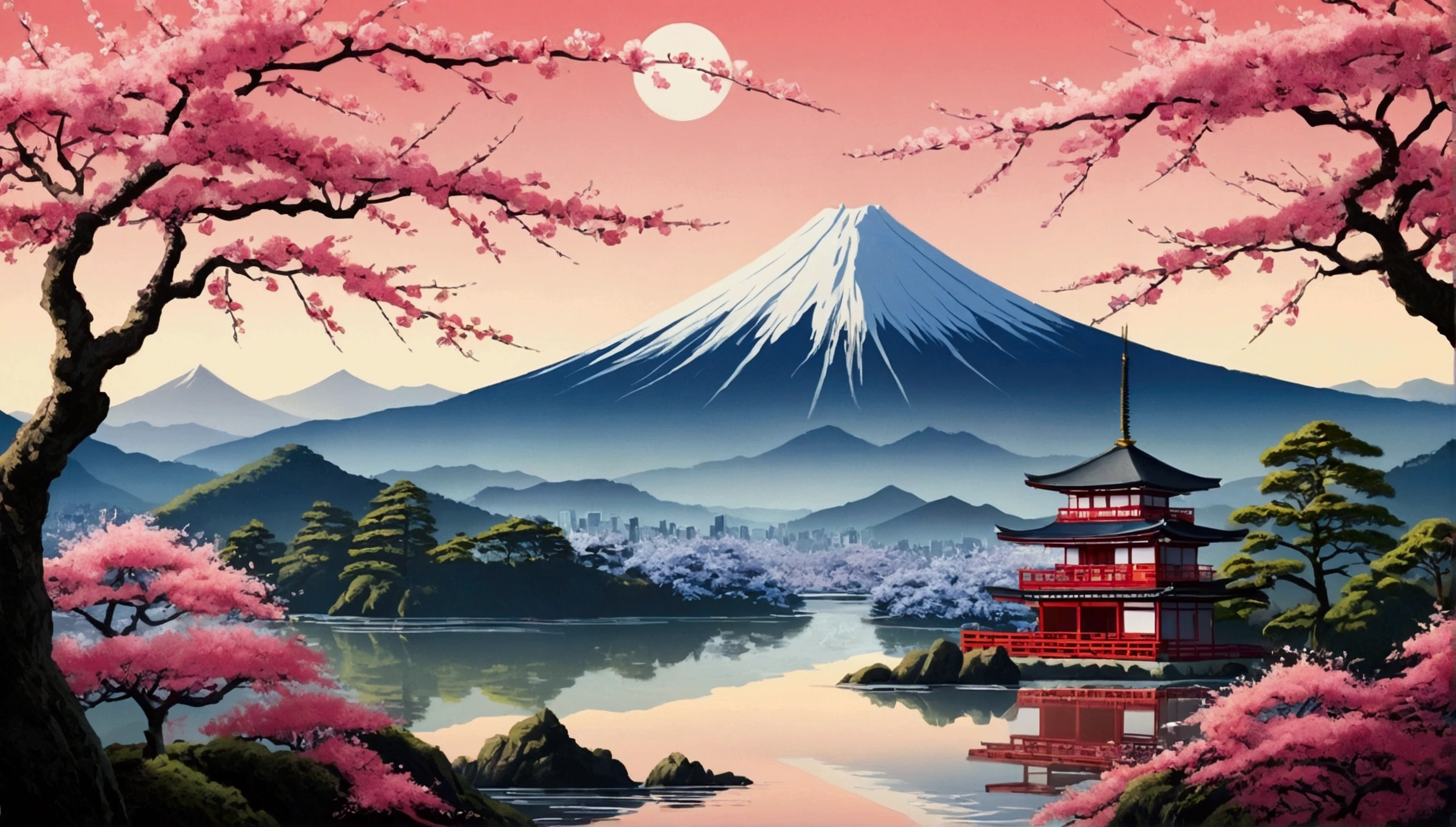 The Tradition of Paysage Japonais: Use images that depict traditional Japanese scenery, Comme en jardin zen, De Montagne、Des Cerise en Fleurs. Sera Polei evokes Musashi&#39;s deep connection with nature and spirituality.