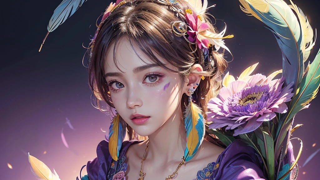 32K, 最高quality, 最高masterpiece, (ultra-Detailed Background, Detailed Background), Absurd, High resolution, Super detailed, Very detailedな, One girl, (bouquet:1.3), (Tangled:1.2), (Geometric:1.2),(colorful),(masterpiece, quality, best quality, Official Art, Beautiful and beautiful:1.2), (1 girl:1.3), Very detailed,(colorful:1.1)(Flowers:1.3),Most detailed,(Tangled:1.2), whole body, (Abstract background:1.3), (Skin glows), (Many colors:1.4), ,(Earrings Feather:1.5), Pale Purple Background,