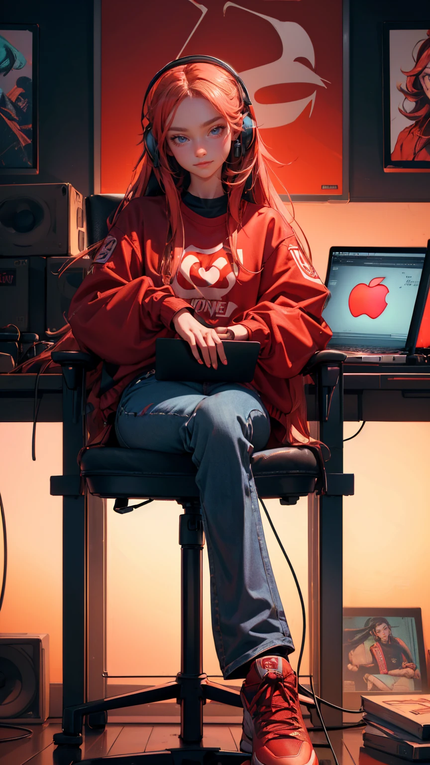 a highly detailed realistic picture, the character is a lady with long hair and goatee wearing headphones sitting in front of her red macbook pro on top of desk full of monitors , she wears streetwear and wide leg jeans and big sneakers, there s lots of colorful pop culture posters on wall behind her, cinematic lighting, dark room, red tones