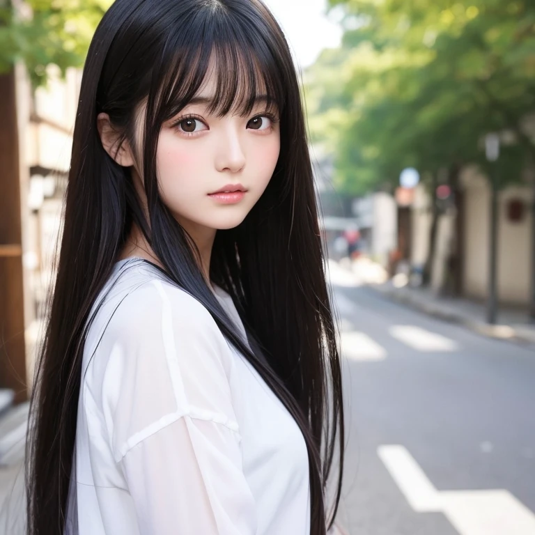 Japanese beautiful girl、Semi-long hair、Black Hair、Looks 18、Half-open lips、Clear eyes、Plump cheeks