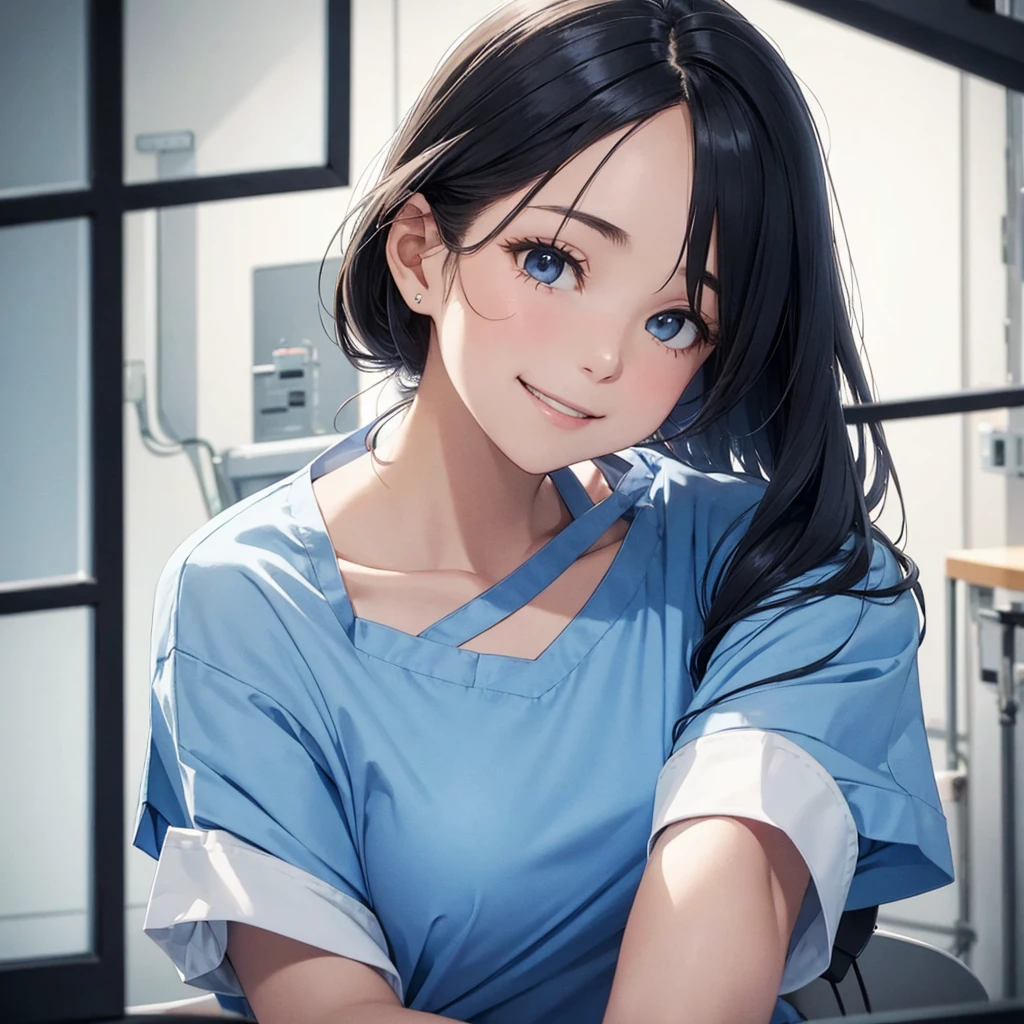 nursing aide,one girl,solo,blue or white scrubs,not wearing a hat or cap, frame it up to the top of the head, The top of my head doesn't come out of the frame,Facing forward,smile