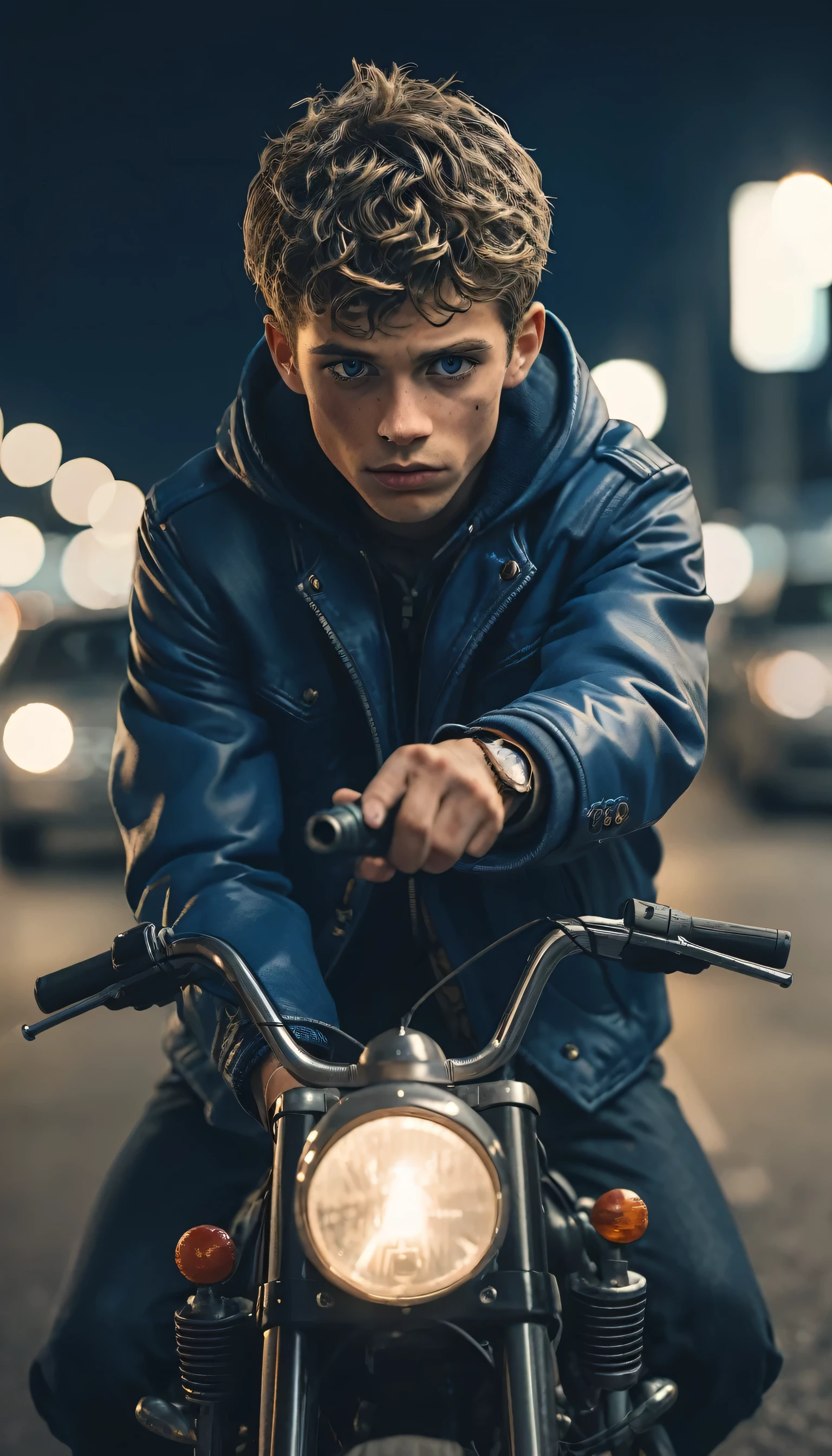 Surrealism:1.5, looking at the camera, Bokeh, Jack Blue in a blue jacket, Carjacking, High-quality DSLR snapshots, High-definition film grain photo taken at f/16, ISO 100, With 200mm lens, Global Illumination, Fibonacci