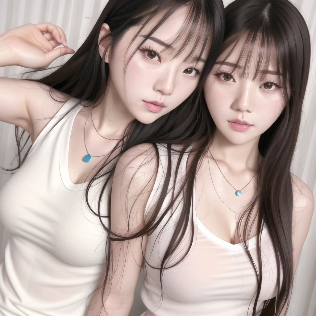 photo of (raw photo:1.2), (photorealistic:1.4), (Kpop idol), korean, beautiful, shiny skin, freckles, oil skin, white skin, whiter skin, long hair, upper body, white tank top, tank top, hand behind back, brown eyes, brown hair, light smile, looking at viewer, curtain background,pink lips, lips with lipstick,light blush, parted lips, bigger eyes,brown eyes, pearl necklace, full body shot, wet white t-shirt