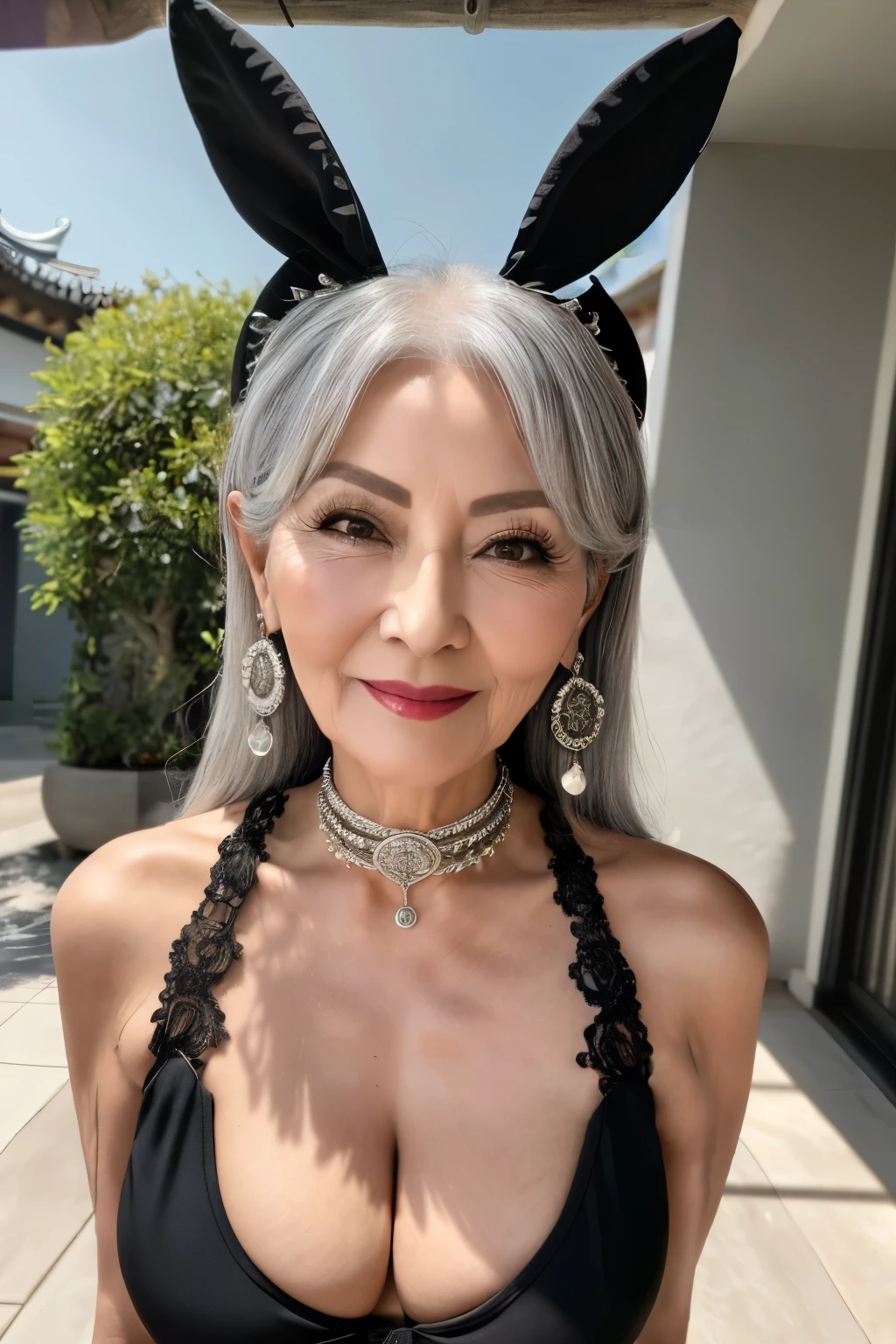 75 years old mom milf Korean, Lady large earring Big choker navel piercing decoration A bracelet Silver Hair realisitic Gorgeous Madame Beautiful Mature Woman sexly Smile Gentle woman navel piercing 4K High quality gorgeous madam beautiful mature woman