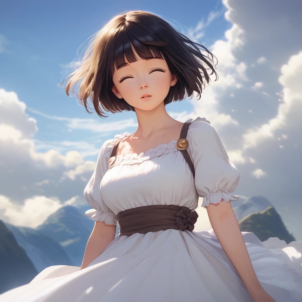 score_9,score_8_up,score_7_up,masterpiece,best quality, source anime, realistic, super detailed, extreme detailed, rating_safe,
1girl, flying in the sky, entire body is transparent,
BREAK girl, 22yo, short hair, bob cut, (blunt bangs), black hair, (tareme, detailed cute brown eyes), curled eyelashes, (large breasts:0.9), 
shiny hair, beautiful detailed eyes, beautiful face,
white dress, (closed eyes:1.2), parted lips,
disappearing process