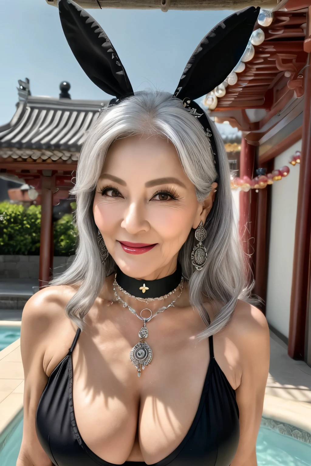 75 years old Mom MILF Korean, Lady large earring Big choker navel piercing decoration A bracelet Silver Hair realisitic Gorgeous Madame Beautiful Mature Woman sexy Smile Gentle woman navel piercing 4K High quality チェーンアクセサリー