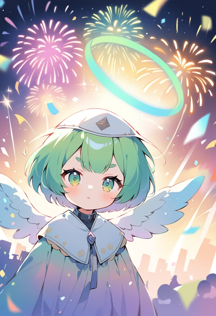 (loli:1.4),(little female child:1.4), cute face, 6 years old,kawaii, (highlight on eyes:1.1), small breast, (jiggly:0.8), shiny skin,(mini girl:1.5),
BREAK
(green maro eyebrows:1.2), :<, (jitome:1.1),pouty and slightly grumpy,(medium green hair:1.3),pout,disgusted eyes, green eyes, puffy eyes,
BREAK
breathtalking Scenery, breathtalking Beauty, breathtalking Cute,scenery, (best quality, masterpiece:1.2), (ultra high quality:1.2),smooth soft skin, natural skin,watercolor,
BREAK
nun dress, veil,(angel halo:1.2),blush,choker,nun,excessive detailed collarbone,celebration, Congratulations,confetti, bloom effect,dynamicangle,pastelcolor,upturned eyes,
BREAK
(double exposure:1.5), (huge angel wings:1.5), double exposure huge angel wings and fireworks in town,fireworks,light particles,huge angel wings on fireworks,