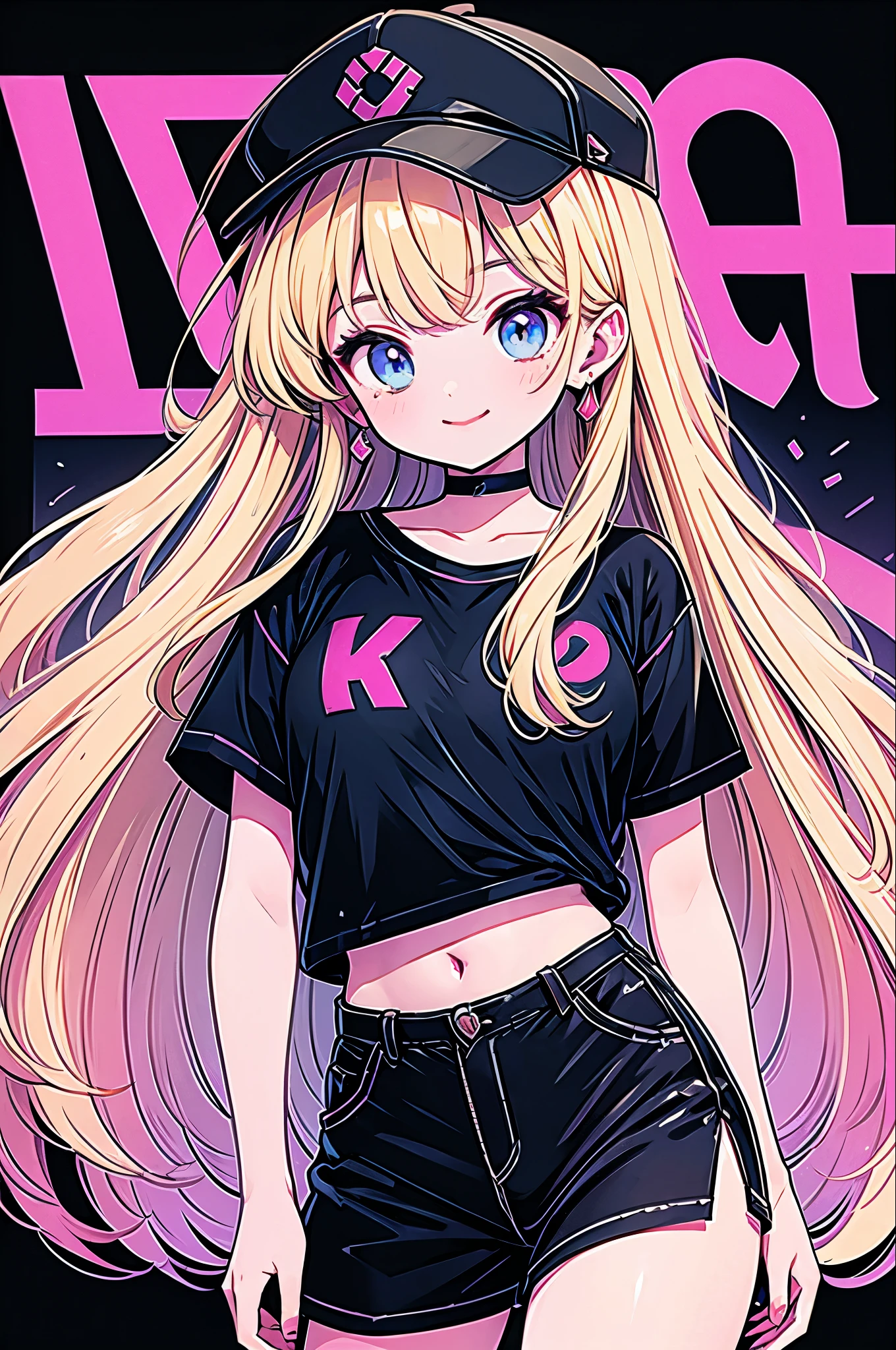 Highest quality,smile,woman,woman1人,cute,Long Hair,Blonde,Light blue eyes, Black T-shirt,Black shorts,Earrings,Black choker, Pink background,