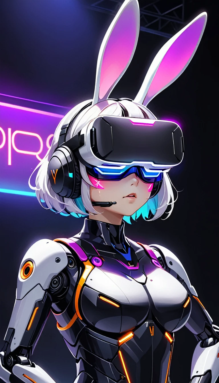 1 rabbit, dark purple fur,There is a wound on the cheek.,Wear VR glasses ,Look at the viewer directly in front of you.,RGB color set,สวมชุดเกราะ Sci-fi robot tone neon ,Boss,Neon light on stage,speaking with determination,Clear picture, picture of only 1 person
