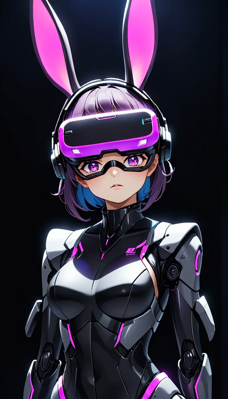 1 rabbit, dark purple fur,There is a wound on the cheek.,Wear VR glasses ,Look at the viewer directly in front of you.,RGB color set,สวมชุดเกราะ Sci-fi robot tone neon ,Boss,Neon light on stage,speaking with determination,Clear picture, picture of only 1 person
