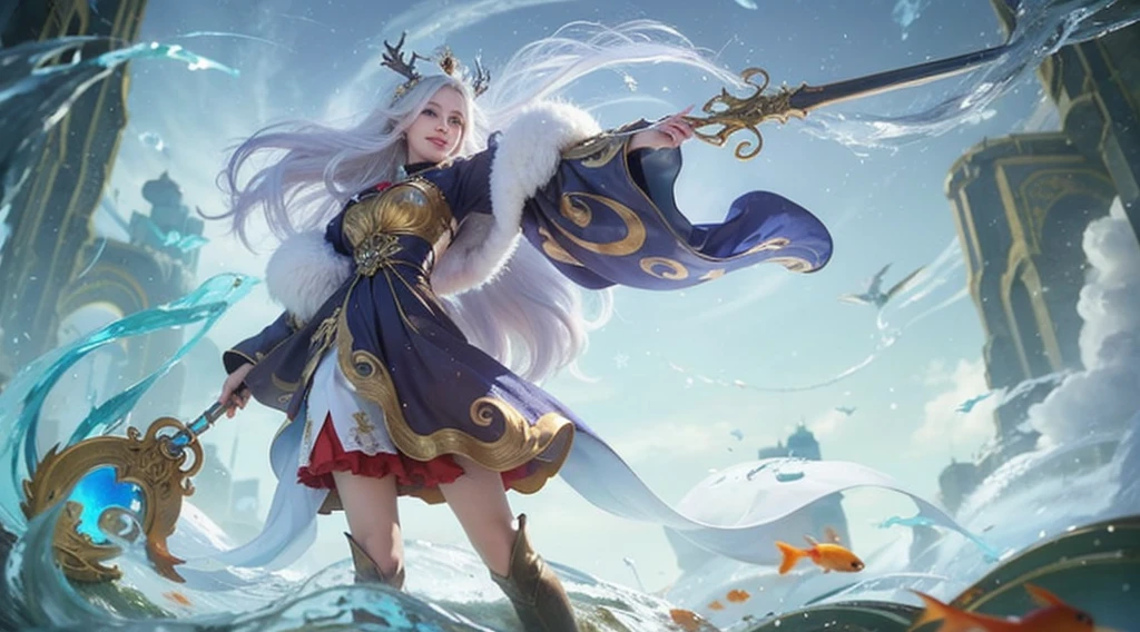 a woman in a blue dress with a star on her head, A woman with long white hair, A woman with smile, long white hair covering her body , sorceress, mage, queen, beautiful celestial mage, white haired, water background and fish, goddess of winter, queen of winter, Ultra Detailing, Ultra Hd, Ultra Realistic, Hyper Realistic, 8k, 4k ultra hd.