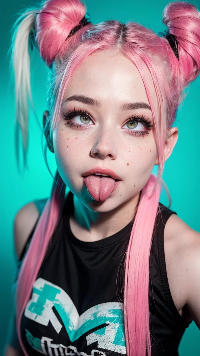 (ultra realistic),Photo, high quality, Ahegao analog photography , (low lighting), (neon ambiance) light background ,portrait, 1 girl, Ahegao, pink hair,(chölka), ponytails hairstyle, ponytails , view from above, detailed eyes, (ultra detailed)