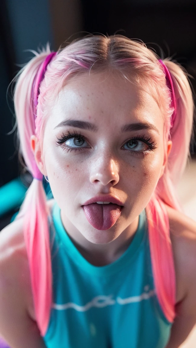 (ultra realistic),Photo, high quality, Ahegao analog photography , (low lighting), (neon ambiance) light background ,portrait, 1 girl, Ahegao, pink hair,(chölka), ponytails hairstyle, ponytails , view from above, detailed eyes, (ultra detailed) 