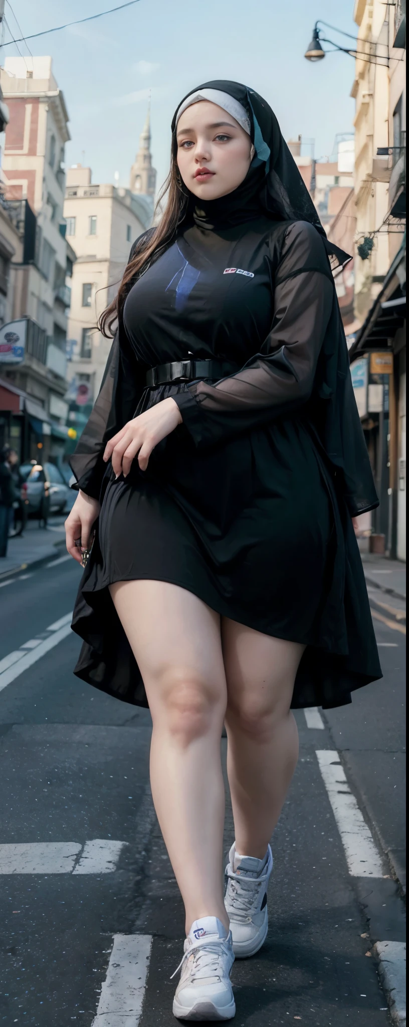 Milky white skin woman in black dress and hijab walking down the street, , hijab outfit, , hijab fashion model, plus size, plus size woman, , woman in black robes, beautiful woman, thicc, black outfit,, bbwchan , white sneakers , Height 170 cm, beautiful woman, with a beautiful appearance, a very beautiful masterpiece, a masterpiece of art, good lighting, Bright colors, Clean lines, naked.
