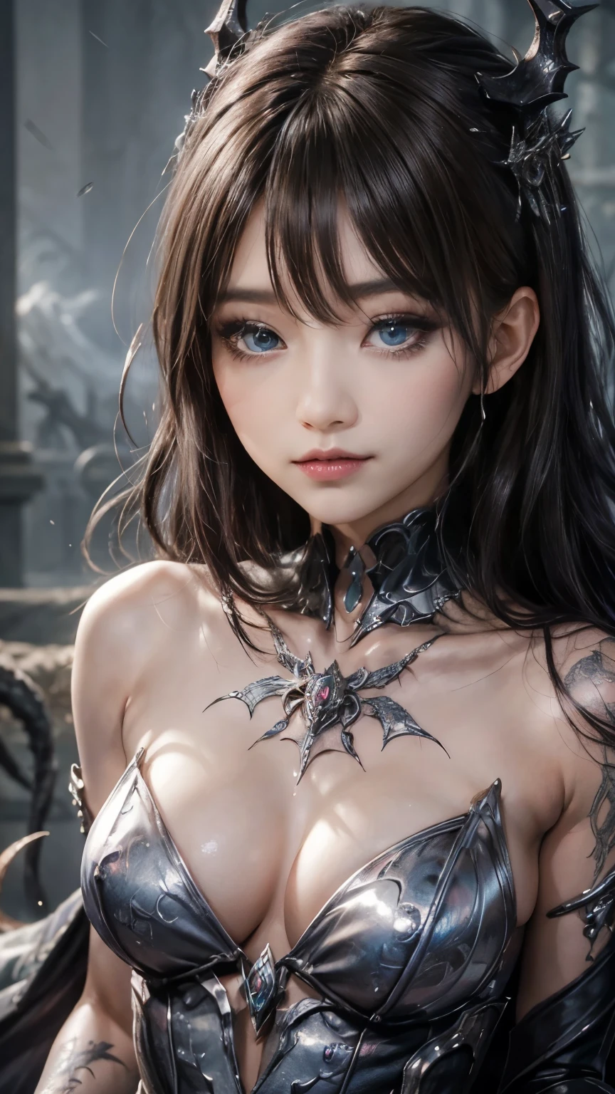 強力なスーパーevil女がクローズアップでポーズをとる, Black Goddess (Expose your shoulders), length, Flowing purple hair, View your viewers, Highly detailed face, Perfect hands, Blue smoke swirling around her, evil事を愛する, Captivating blue eyes, Dark fantasy, , realistic girl rendering, 8k artistic german bokeh, Enchanting girl, Real Girls, Gurwitz, Gurwitz-style artwork, Girl Roleplay, Realistic 3D style, cgstation Popular Topics,, 8K Portrait Rendering,(truth,truth:1.4)、 Genuine, Symmetric, Attention to detail, Esoteric arachnids lady, Spider Queen Elise, League of Legends, Esoteric arachnids, Combat Stance, ( body formed from metallic mauveine and metallic black liquid metallic paint twisting into a beautiful interpretation of the female figure), length, Sharp Fangs, nature, ((Complex metallic colors in the foreground)), (( Fluid Mechanics, The most beautiful smooth scale face makeup, Smirking expression)) - Dark blood, Onyxia、Noir painting of a beautiful young witch, length purple hair, dark purple lips, evil, evil female, smile, Black Prom Dress, She is coming to you, close, Bright Blue Eyes, Surrounded by swirling pink smoke, Genuine, Attention to detail, Highest quality、A beastly demon wields a vicious blade, Blood Chain, Behemoth Bones, Snake-like tentacles, Cruel Teeth, Expressions of madness, Oppressive Dungeon. 8K Vision Reveals Fear, Ultra HD detail makes monsters stand out, Grotesque shadows dance, The creature whispers, Stifling atmosphere, Vision problems, Visible Madness. blade, evil意の閃光が輝く, reflect (Light) Beyond the Darkness, Elucidate (Sharp details) and、Add a dizzying dimension to the impending chaos.