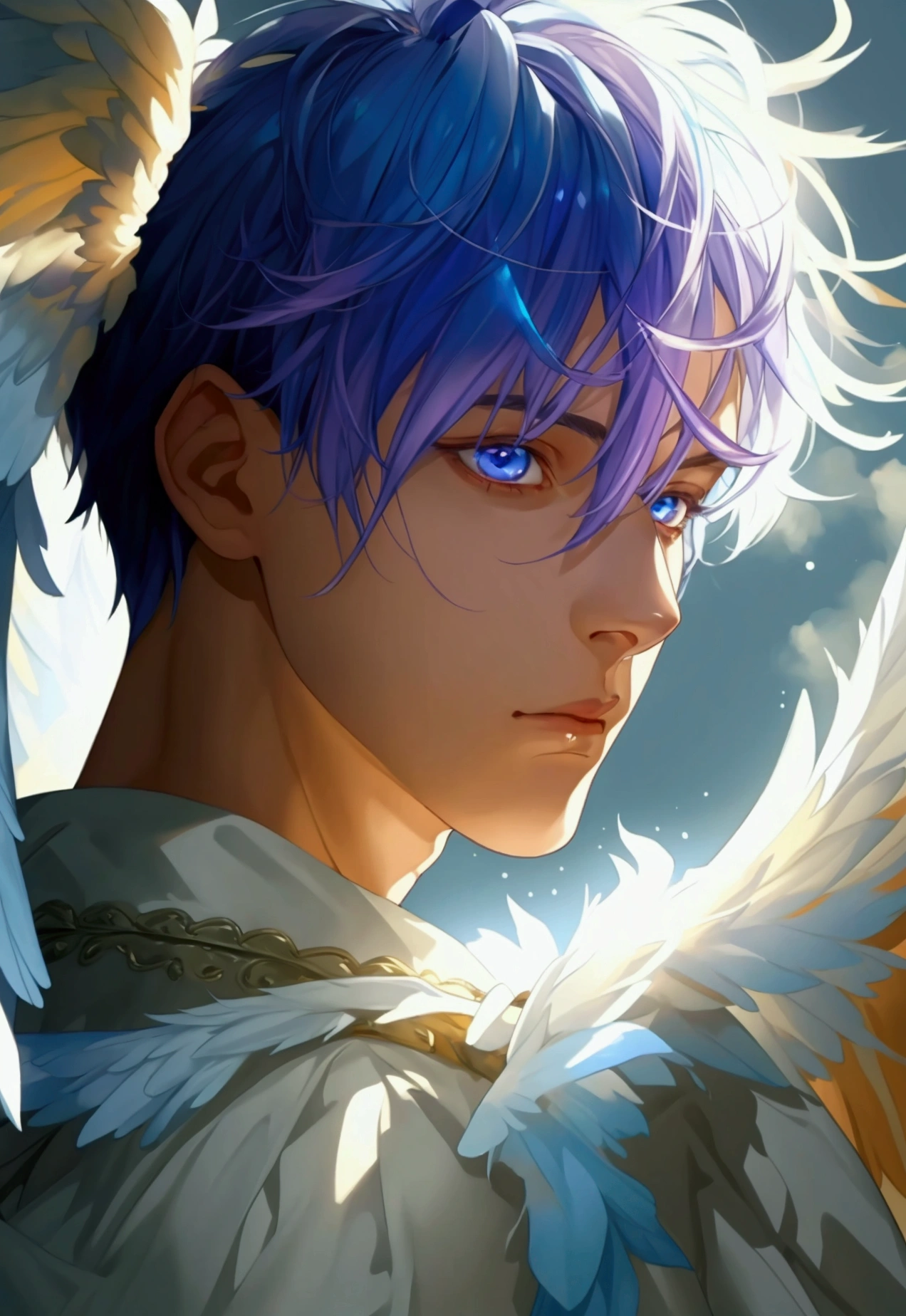two males, both angels, angels, angel wings, halos, dark blue hair, short hair, blue eyes, thin, lanky, and male, man, masculine, thin, lavender hair, long hair, purple eyes, pale skin, angel,