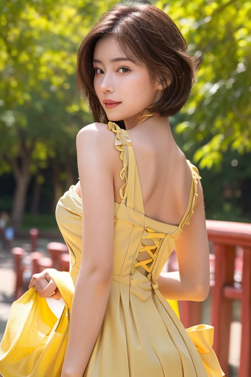 (Masterpiece, BestQuality:1.3), (ultra detailed:1.2), (hyperrealistic:1.3), (RAW photo:1.2),High detail RAW color photo, professional photograph, (Photorealistic:1.4), (realistic:1.4), ,professional lighting, (japanese), beautiful face, (realistic face), cute woman, (Brown Hair, Big Breasts:1.5), (Smile:1.5), Trending Hair&Trending Hairカラーをランダムに, sexly, erotic sexly, Random sexy gravure poses, ((((yellow sundress、、Countryside landscape in the background、Relax and stick your ass out sexy。:1.2), Beautiful location, (Detailed Background))