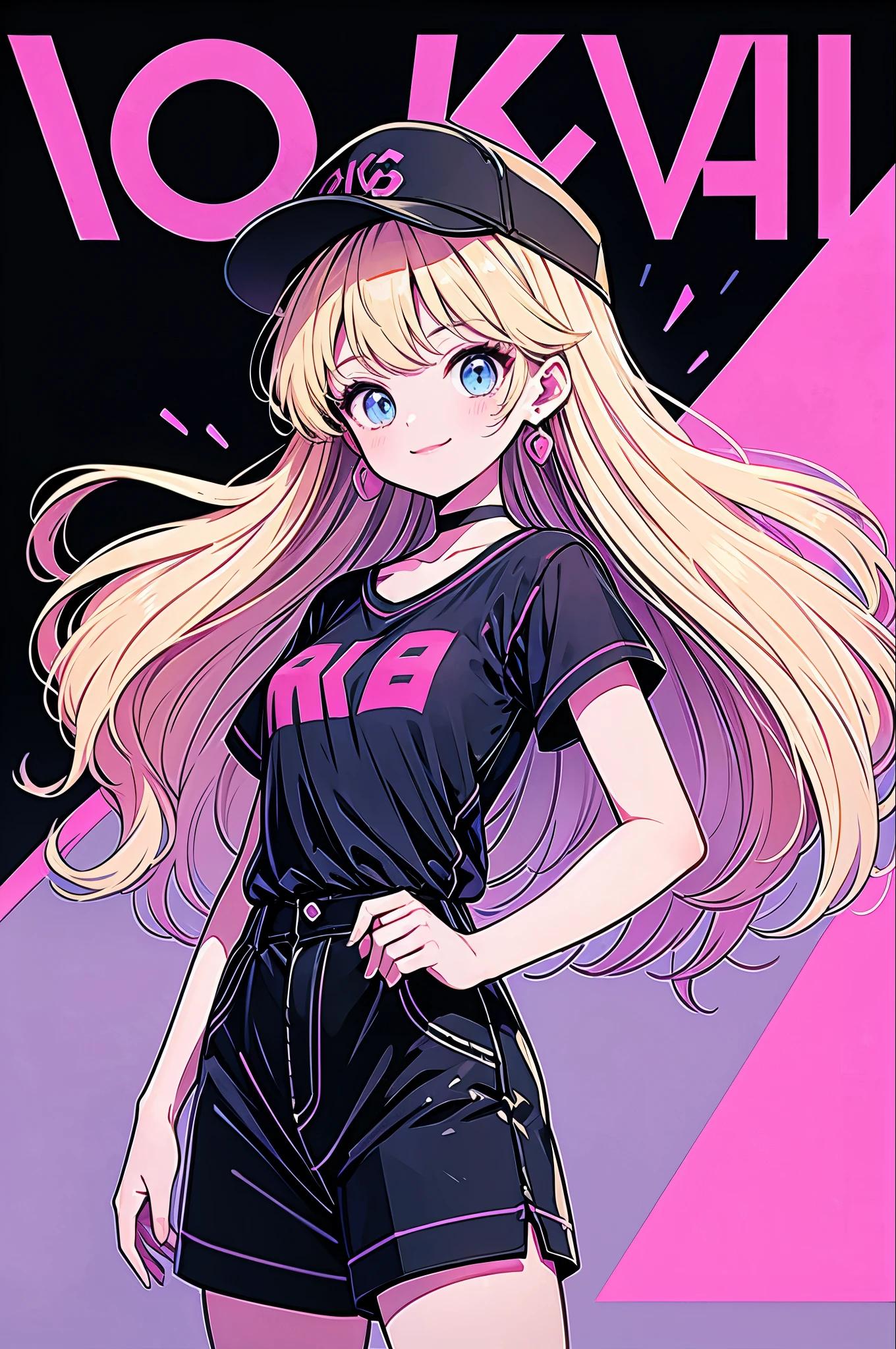 Highest quality,smile,woman,woman1人,cute,Long Hair,Blonde,Light blue eyes, Black T-shirt,Black shorts,Earrings,Black choker, Pink background,