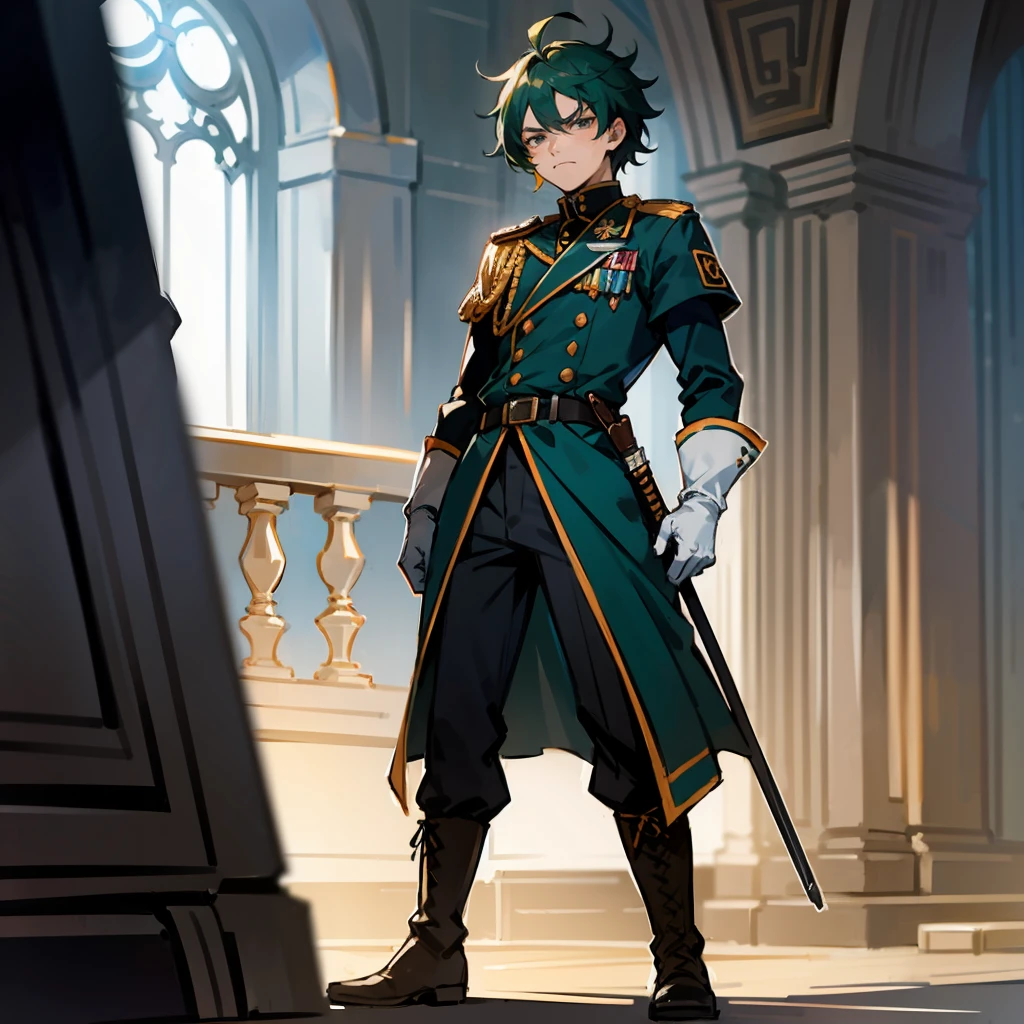 1male, Green Hair, Black Royal Guard Uniform, Messy Hair, White Gloves, Military Boots, Grey Eyes, Angry Expression, Average Build, Scout, Adult Male, Castle, Standing by a Gate