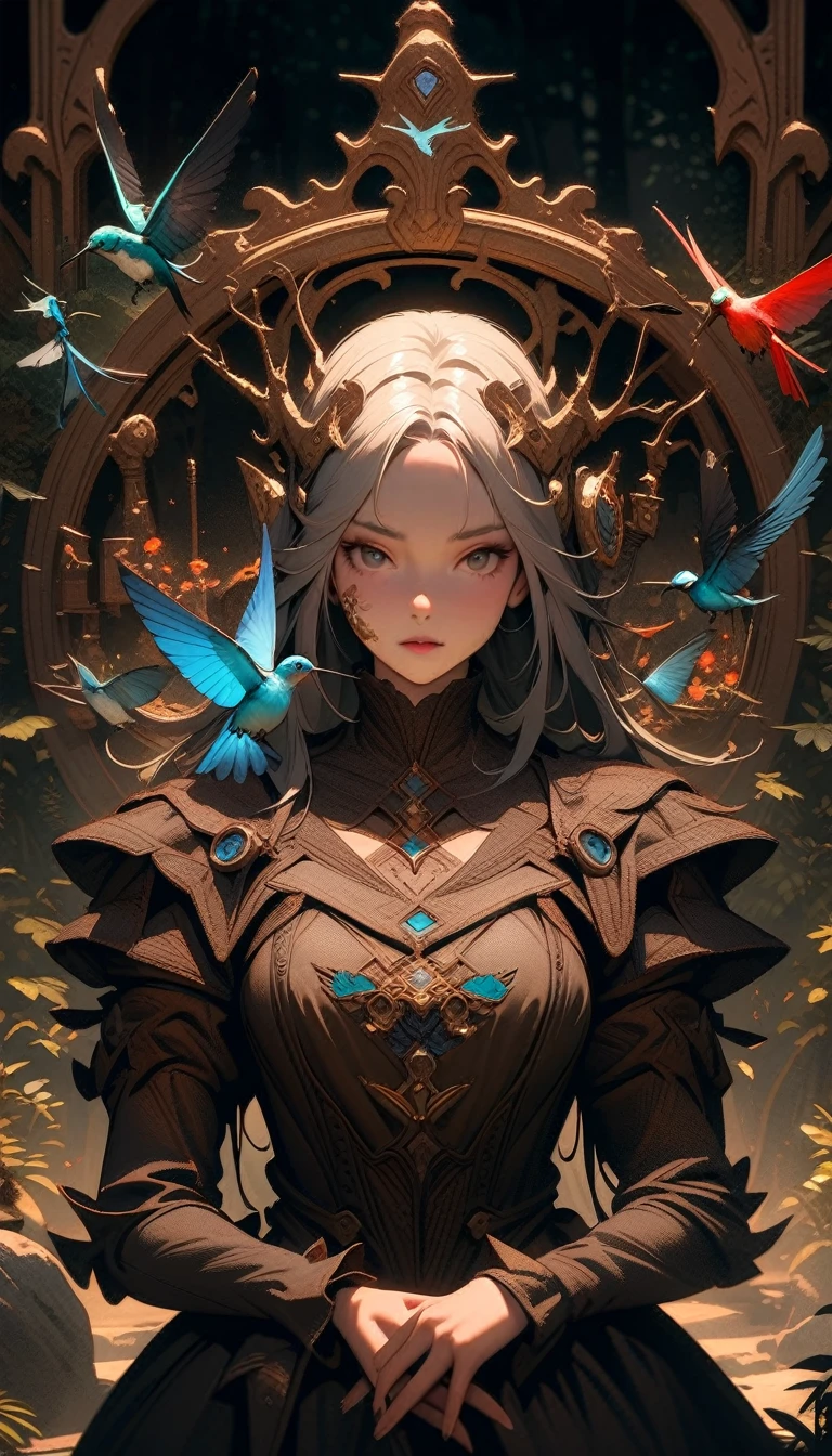 ((best quality)) , ((masterpiece)) , (detailed)，D&D style portrait, fantasy, digital art, (Female [Daedra:Fremen:1]:1.1) , Fantastical, eyebrows of Mercy, woods and Hummingbird feeder background, elegant interiors, social satire, site-specific art, shin-hanga, Found object assemblage, sci-fi, picturesque, woman, detailed face, magical atmosphere, badge, positive emotional, dynamic composition