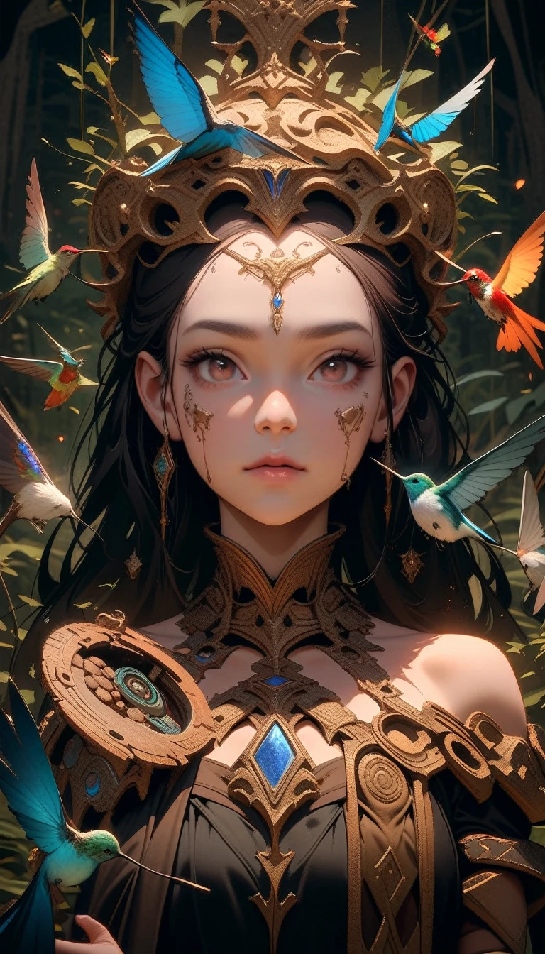 ((best quality)) , ((masterpiece)) , (detailed)，D&D style portrait, fantasy, digital art, (Female [Daedra:Fremen:1]:1.1) , Fantastical, eyebrows of Mercy, woods and Hummingbird feeder background, elegant interiors, social satire, site-specific art, shin-hanga, Found object assemblage, sci-fi, picturesque, woman, detailed face, magical atmosphere, badge, positive emotional, dynamic composition