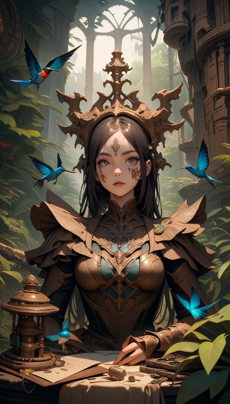 ((best quality)) , ((masterpiece)) , (detailed)，D&D style portrait, fantasy, digital art, (Female [Daedra:Fremen:1]:1.1) , Fantastical, eyebrows of Mercy, woods and Hummingbird feeder background, elegant interiors, social satire, site-specific art, shin-hanga, Found object assemblage, sci-fi, picturesque, woman, detailed face, magical atmosphere, badge, positive emotional, dynamic composition