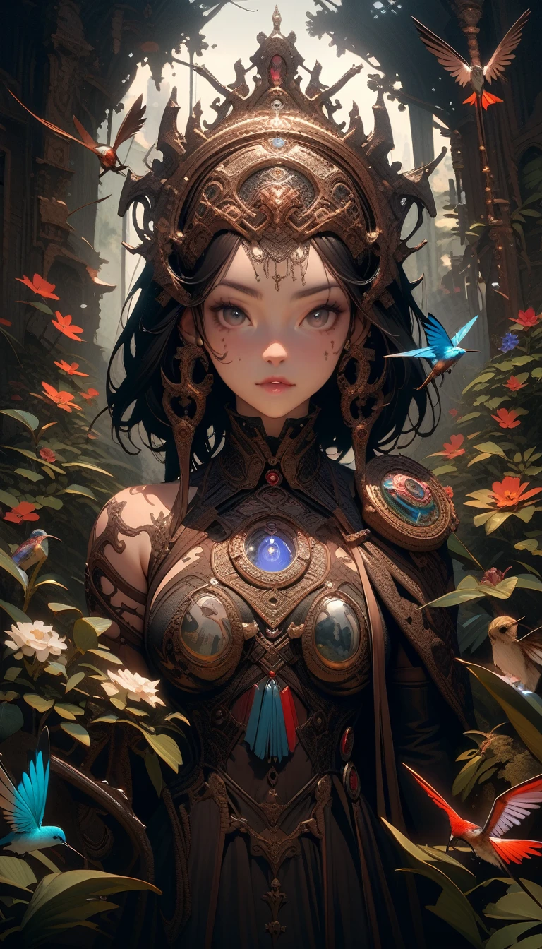 ((best quality)) , ((masterpiece)) , (detailed)，D&D style portrait, fantasy, digital art, (Female [Daedra:Fremen:1]:1.1) , Fantastical, eyebrows of Mercy, woods and Hummingbird feeder background, elegant interiors, social satire, site-specific art, shin-hanga, Found object assemblage, sci-fi, picturesque, woman, detailed face, magical atmosphere, badge, positive emotional, dynamic composition