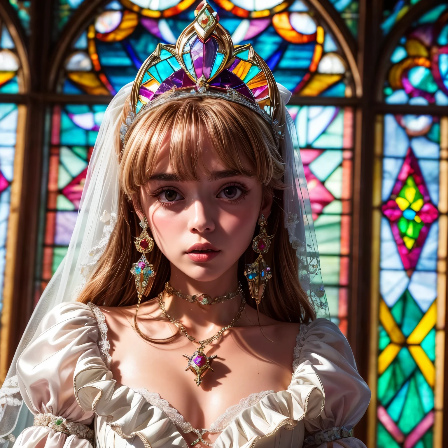 ZoomLayer TopQuality 8K masterpiece of ((Professional photo)), (((Lady Clarisse de Cagliostro))) (Detailed White WeddingDresses), (Chain)Tiara, Closeup of ( Extremely detailed KAWAII face), The background is distant ((Elaborate stained glass)) Rainbow Glass, MysticSight Enchanting atmosphere GodRays TyndallEffect, RubyRed, Radiant PearlSkin with Transparency, (Exposed:0.38)