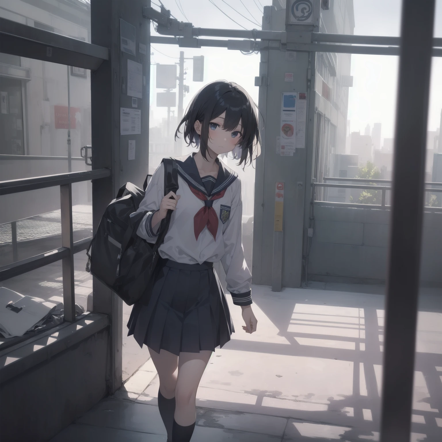 ultra-absurdres-Top quality by artist God, ultra-detailed, high resolution, anime moe artstyle, best anime 8k konachan wallpaper, pixiv contest winner, pool:2810, perfect anatomy,break, 1girl, (Please draw a girl walking sleepily to school alone. )break,(Solo,little female, 13-year-old:1.3),Full limbs, complete fingers,a junior high school student, (very short hair), short cut, flat chest, , small butt, small black eyes, beautiful detailed eyes, well-proportioned iris and pupils, expressive eyes, highres detailed hair, soft expression, salor school_uniform, sailor collar, serahuku, bow, pleated skirt,(Detailed Lighting), (Detailed background), in the School commute route. break,super detailed skin, Best cinematic lighting powered by famous artist, 8k,beauty illustration,photoshop_(medium),very aesthetic,break,((artist:zen_(kamuro) )), artist:clamp ,artist:carnelian ,artist:kantoku ,
